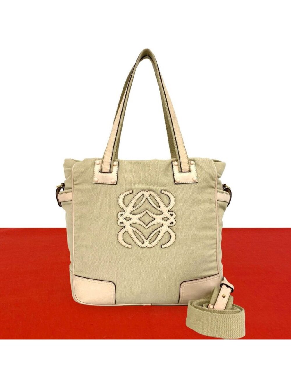 Loewe Anagram Canvas Leather 2-Way Shoulder Bag Tote Beige Pink